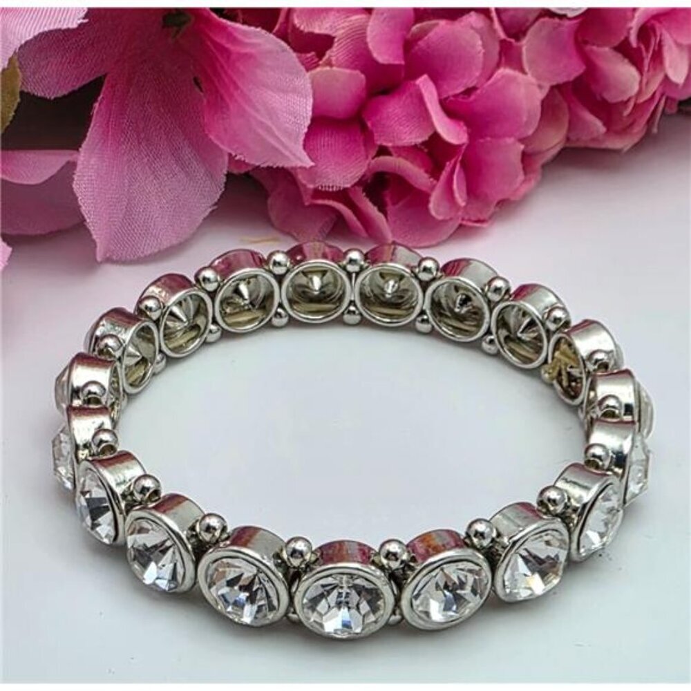 Silver Tone Bezel Set Rhinestone Stretch Bracelet Clear Crystal 6.5" 9mm